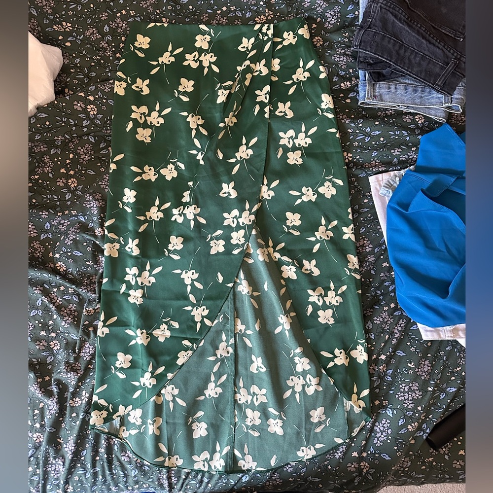 Urban Outfitters Green Floral Wrap Midi Skirt with White Print